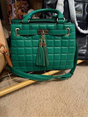 Green Quilted Tassel Satchel Handbag